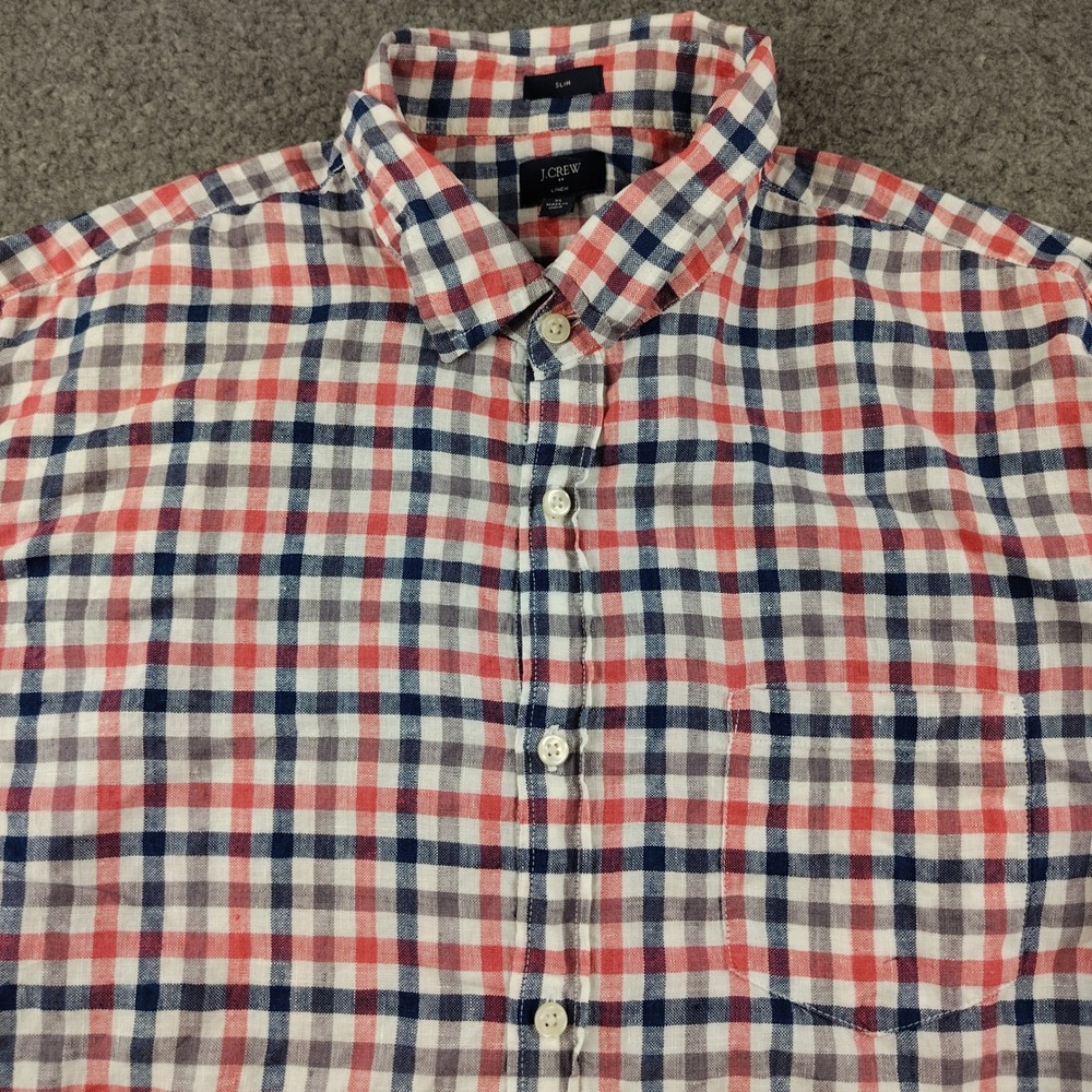 J.Crew Linen Button Up Shirt Mens XL Slim Plaid Red Blue Business Casual EUC